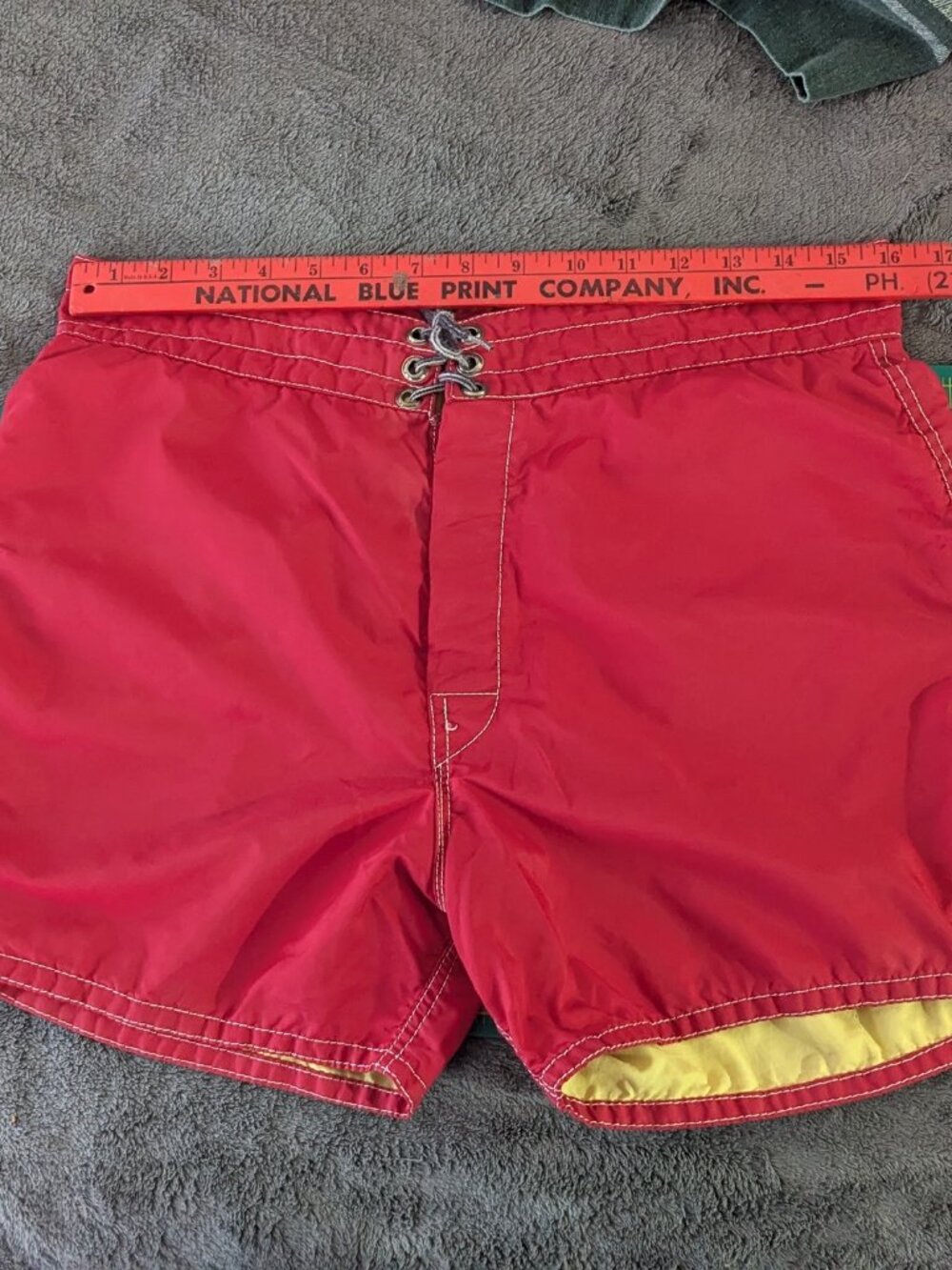VTG Birdwell Beach Britches Boardshorts Mens 32 Red Lace Up Swim Stitch USA Made